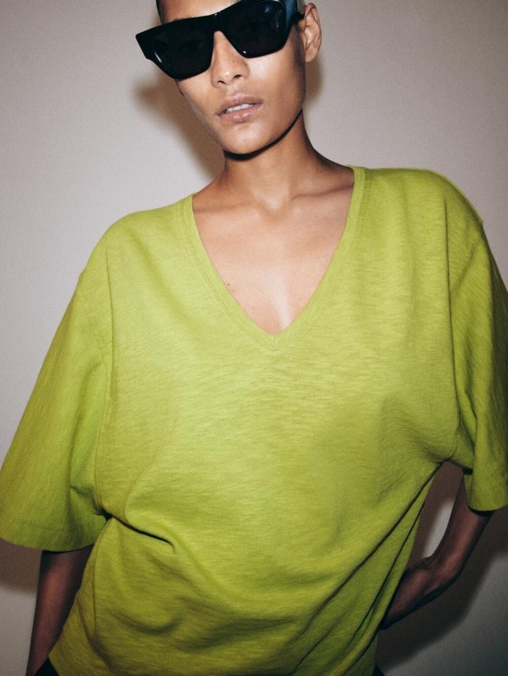 Zara V-Neck Oversized Tee in Lime Green, Size Medium